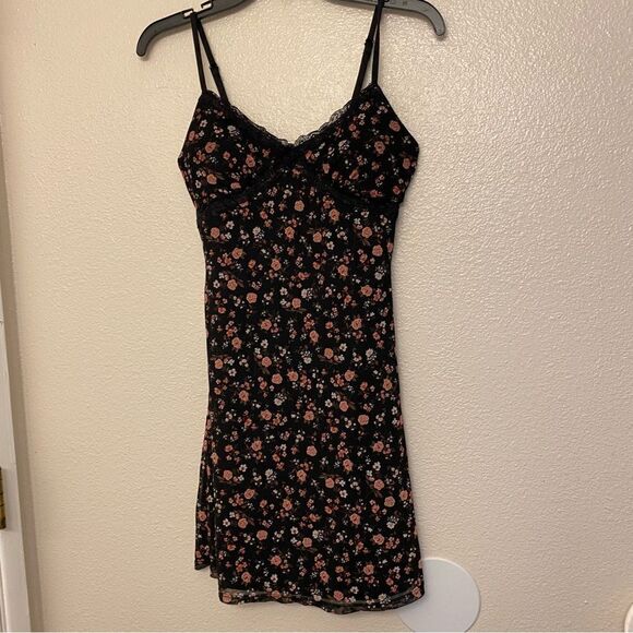 Black floral print Mesh Dress Lace whimsy goth romantic slip skater juniors S - Picture 3 of 13